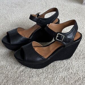 Clarks Black Leather 4” Platform Sandals with Ankle Buckle